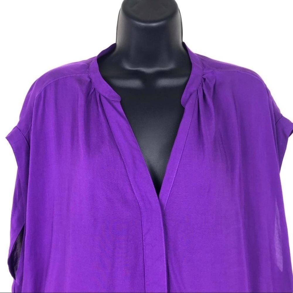 Purple Button Front Short Sleeve Blouse | Career Casual Chic Timeless - Picture 4 of 5